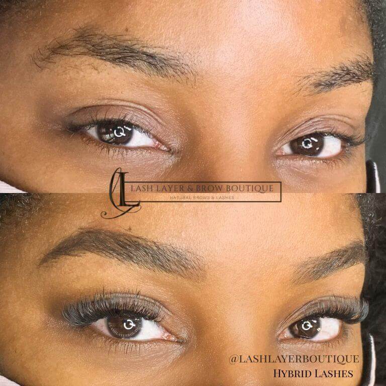 Before & After photo of eyelash extensions and brow wax & tint.