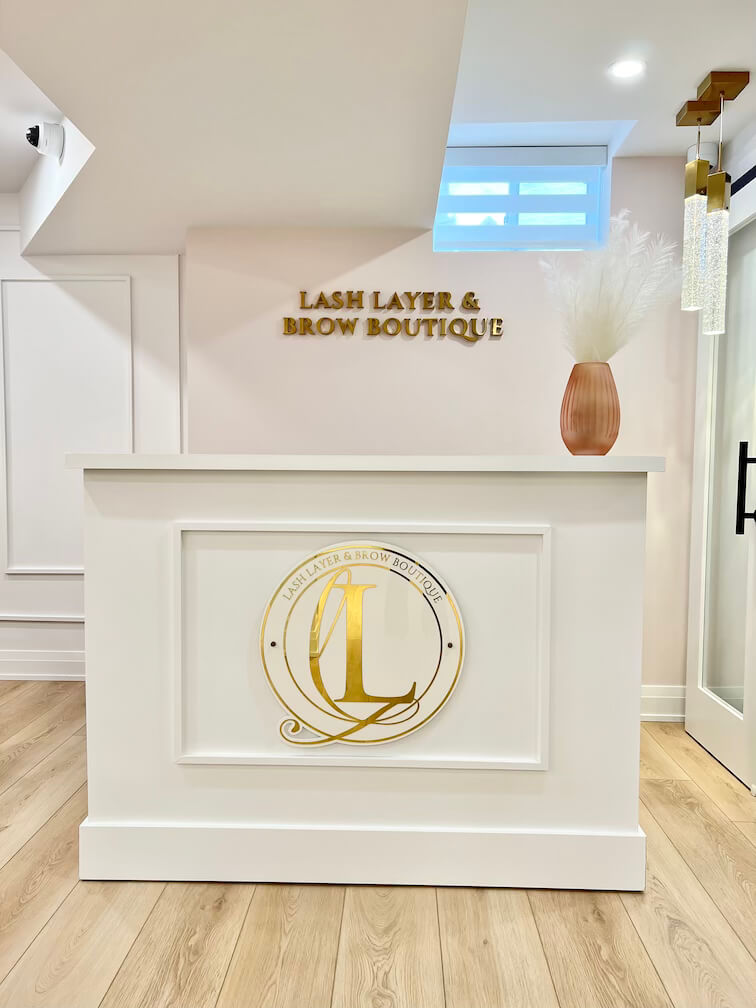 Bright and stylish reception area at Lash Layer and Brow Boutique in Pickering, ON.